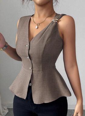 Women's Solid Color V-Neck Sleeveless Blouse Top Shirts