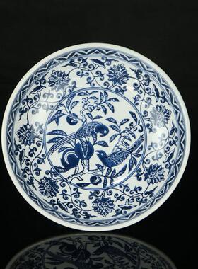 景德镇陶瓷青花高足盘贡盘中式水果盘复古一体式高脚果盘瓷器供盘