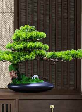 新中式迎客松摆件玄关边柜子装饰品办公室根雕造景茶台创意禅绿植