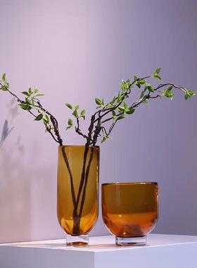 碧轩欧式现代简约厚重焦糖色玻璃花器花瓶摆件样板房售楼处装饰品