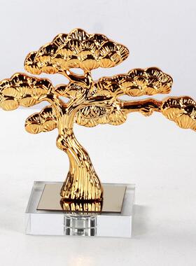 中式迎客松摆件酒店门厅玄关过道桌面工艺品金属松树雕塑软装饰品