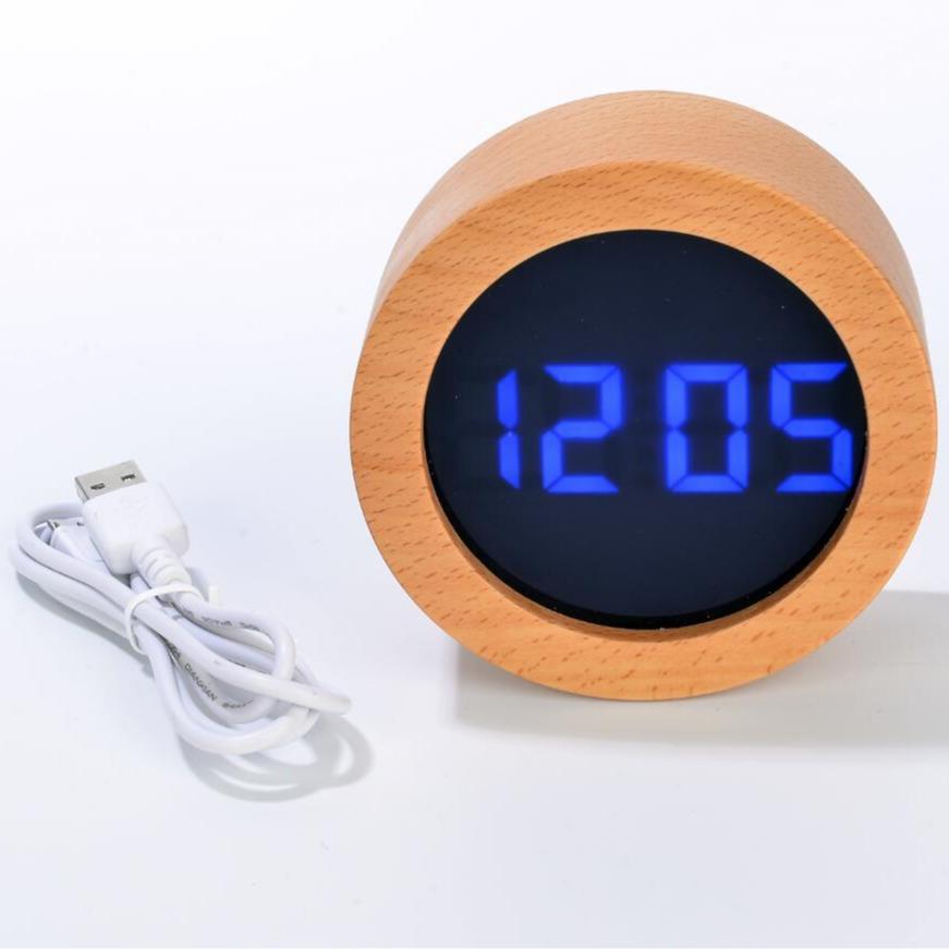 Beech round acrylic mirror LED electronic alarm clock silent silent retro LED wooden clock fabric
