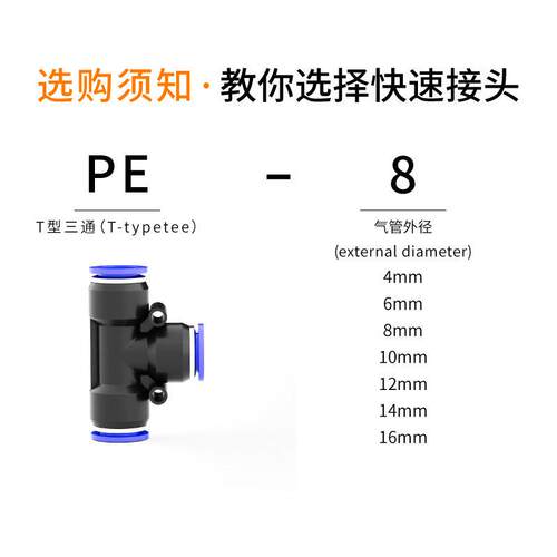 气动气管快速接头PU直通PE PY三通PG PEG PW变径快接快插4/6/8mm - 图1