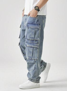 X 350 跨境Men's Casual Washed Straight Leg Cargo Jeans