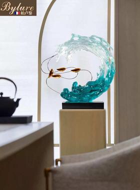 Bylure现代轻奢浪花雕塑客厅玄关走廊工艺装饰品新中式艺术品摆件