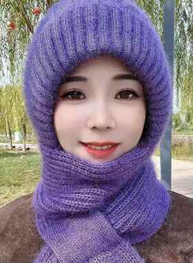 加绒加厚风雪帽保暖针织连一体围巾防寒风中老年女毛线帽子带围脖