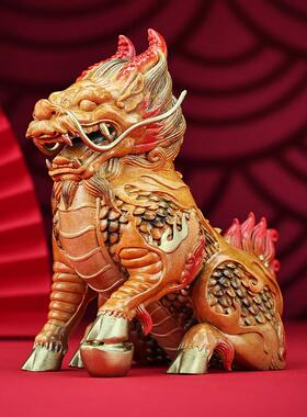 正品铜欣家祥彩铜务祥瑞麒麟摆一对居办公室装饰品开业乔迁商件礼