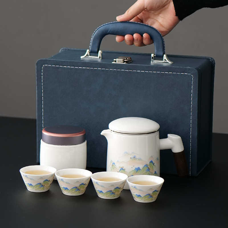 Tea set Kung Fu four cups complete set one pot out-and-out tea set travel portable bag white porcelain tea can camping