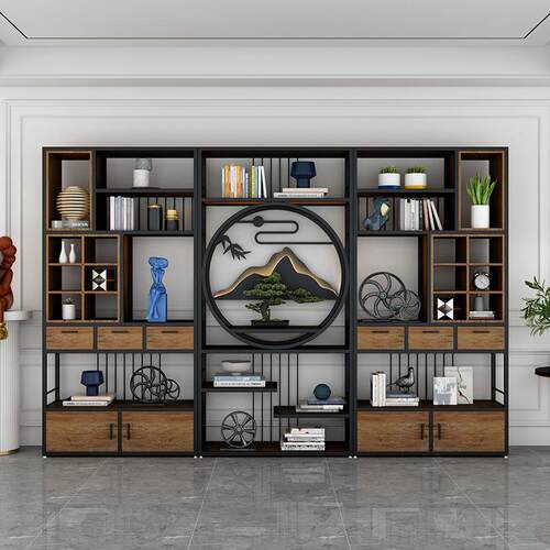 新中式铁艺博古架书架展示架办公室隔断柜餐厅实木茶柜茶室置物架 - 图1