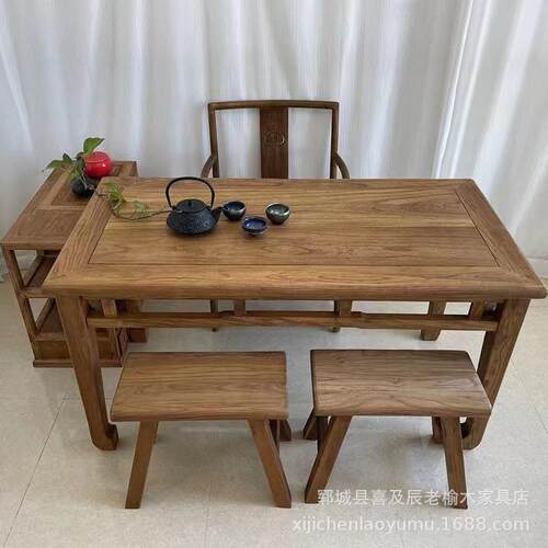 实木喝茶桌茶台办公桌老榆木茶桌子自然风化老榆木茶桌组合 - 图2