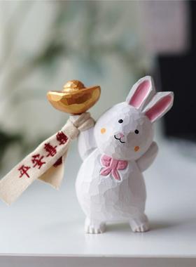 Joe的小作坊/兔然暴富原创小木雕桌面摆件可爱平安纯手工新年礼物