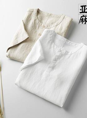 Medium thin men's cotton and linen stand collar short