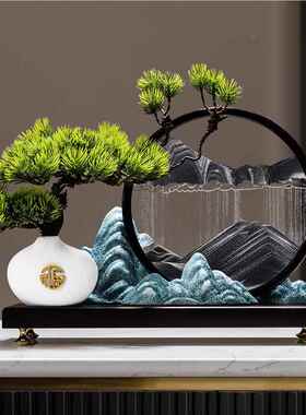 关迎客松创意山水流画摆TT5396件室沙漏新中式客厅玄办公高档装沙