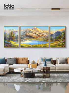 网红水山画山图客厅装饰手绘油沙画发背景墙挂画靠新款三画联壁画