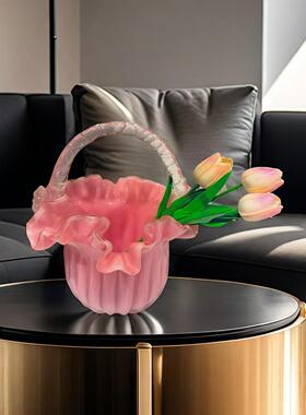 高级感精致轻提奢琉手篮ali-8482花瓶玻家璃花篮客K厅居软装饰品