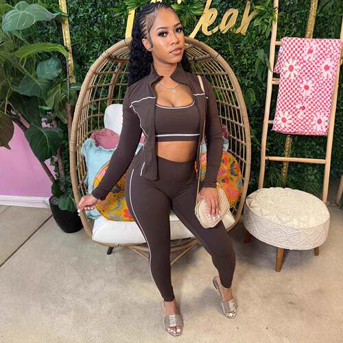 Casual 3 Piece Set Women Tracksuit Elastic VestZip - 图1