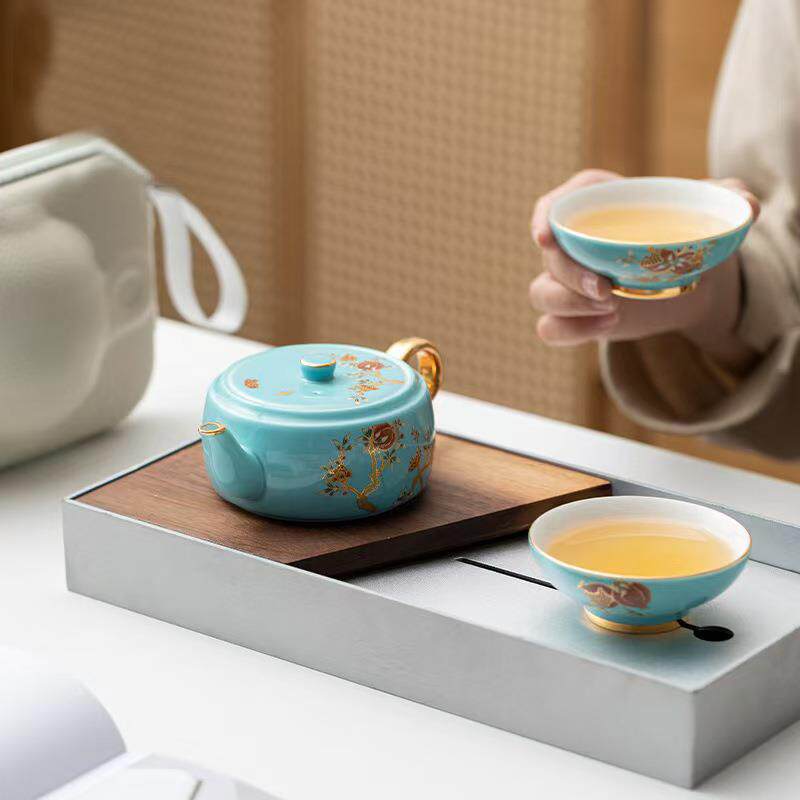 High-end West Lake Blue Portable Travel Tea Set Home Outdoor Simple Teapot Ceramic Ru Kiln Mutton Fat Jade