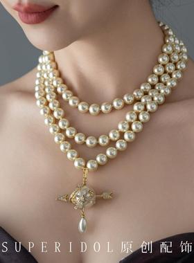 新版西太后三层珍珠项链刻字经典土星复古水滴单层锁骨链毛衣链美