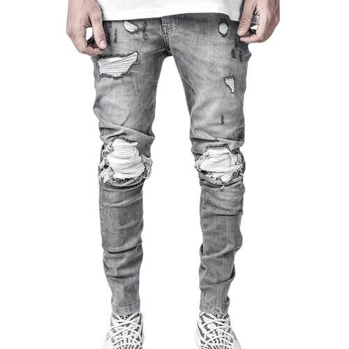 Men's Elastic Long Pants Ripped Knee Patches Fashion Slim - 图3