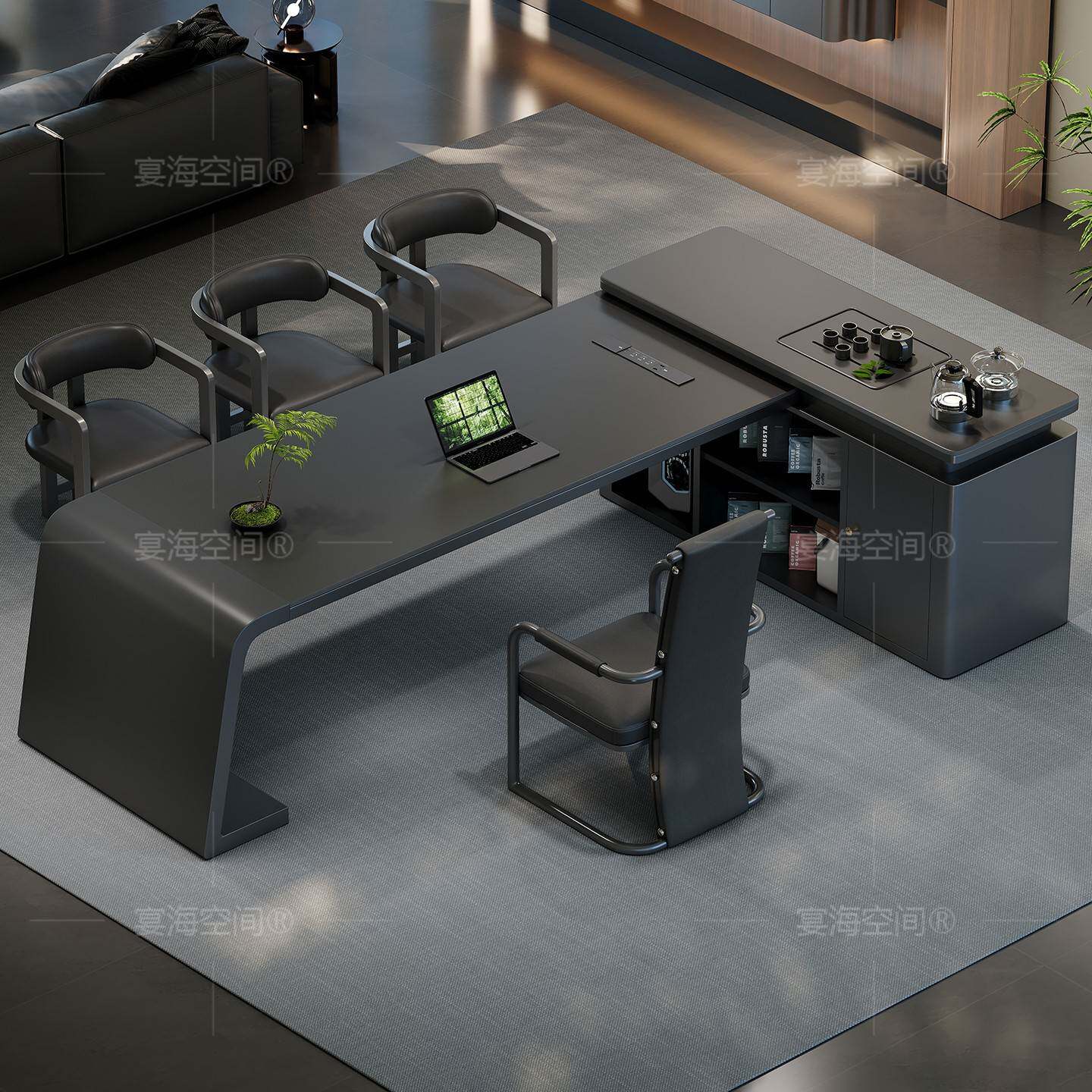 2025 new high-end black slate tea table kettle integrated tea set complete set of office reception tea table