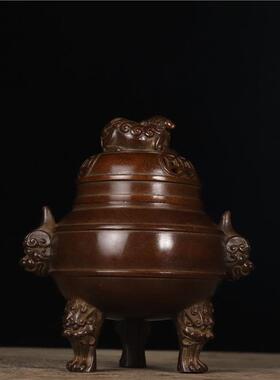 精品典藏苏工精炼铜兽耳狮钮熏炉铜器古玩家居书房客厅摆件