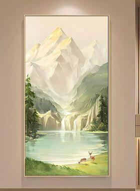 奶油风玄关装饰画客厅入户门正对墙挂画背有靠山水画沙发背景画