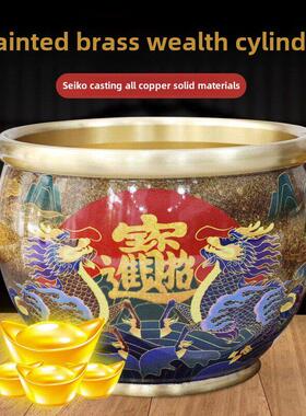 彩绘黄铜米存罐白富缸纯装铜聚宝盆饰品客厅大钱罐YJI土家米缸