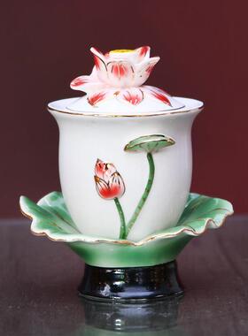 陶瓷浮雕莲花净水瓶 供果盘 供水杯 插香炉佛具用品套装 家用摆件