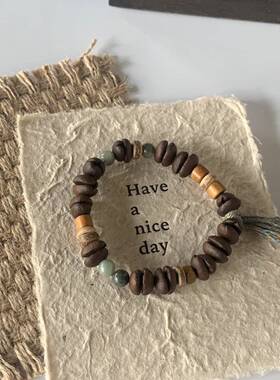 新中式手工天然（真）咖啡豆天然石百香籽檀木椰片拼接咖啡豆手串