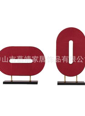 创意新中式现代红色树脂植绒屏风摆件客厅茶几玄关售楼处饰品摆件