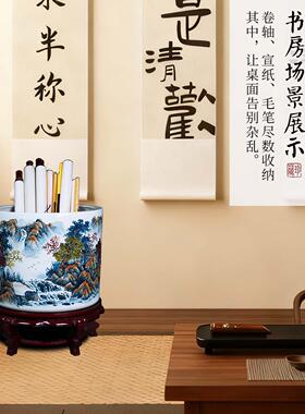 景德镇陶瓷名师手绘花瓶落地书画卷轴缸客厅书房字画收纳中式摆件