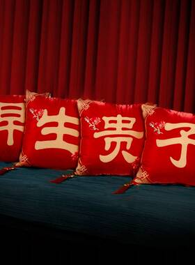 结婚用品新款婚房布置中式沙发靠垫靠枕红色绒布刺绣流苏新人抱枕