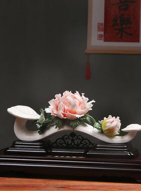 陶瓷牡丹花朵桌面办公室客厅乔迁新款玄关酒店摆件高档瓷花礼品
