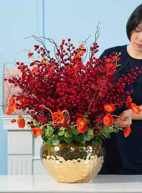 高档红色发财果高端桌艺仿真花红摆果客厅花插花店面装饰花高餐档