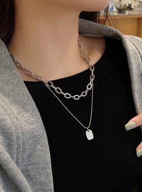 韩国双层叠戴方牌项链简约ins冷淡风金属毛衣链网红同款嘻哈饰品