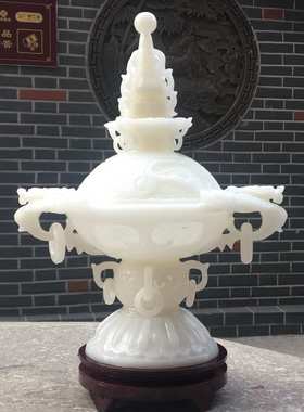 阿富汗玉石摆件 白玉镂空花熏薰香薰炉花瓶放香料玉石工艺品摆设