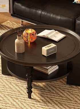 润广盛全实木茶几圆形茶桌小户型小桌子中古风家用客厅美式复古款