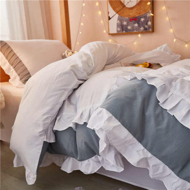 Student dormitory solid color simple washing cotton bedding three-four pieces set bed sheets and bed fittings style lotus leaf lace quilt cover
