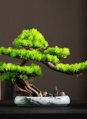 彷真迎客松植物盆景办公室摆件造景客厅玄关装饰品彷真树室内景观