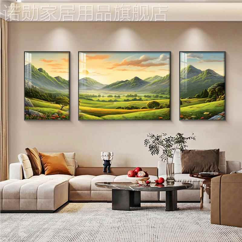 新款旭日东升客厅装饰画沙发背景墙挂画山水画背有靠山三联画风景 - 图0