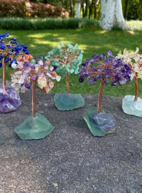 天然石紫水晶粉红水晶原矿石铜线彩色水晶砾石生命树手工桌面家居