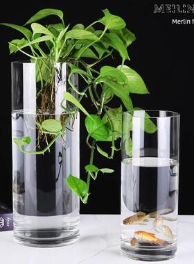 创意加厚直筒玻璃鱼缸圆柱形大号客厅落地花瓶水培透明玻璃摆件