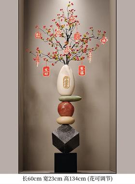 高档入户玄关招财猫石陶来运细长竖门高花瓶摆转件高级感客厅瓷装