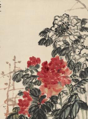 吴昌硕沈香亭牡丹客厅挂画入口茶室书房装饰画植物中国画Hd