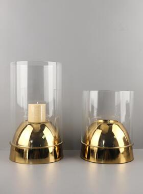 现代轻奢板几何金玻璃罩烛饰1454台桌面摆件属客厅餐厅酒店样间家