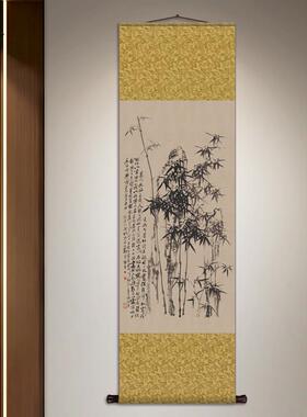 山水画卷轴挂画丝绸画宋代名家字画白云红树图板桥竹子茶楼丝绸画