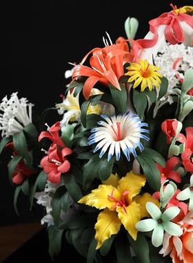 正品东方泥陶土《百花齐放》瓷乔花篮摆件 公司开业搬迁新居新家