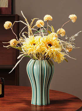 美式复古竖纹陶瓷花瓶轻奢高级感摆件客厅玄关家居装饰品插花花器