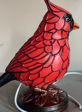Cardinal Stained Glass Lamp树脂红鸟灯用于家庭办公室圣诞装饰