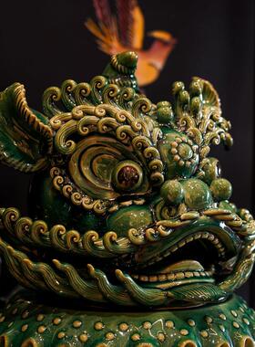 【本尼家】中式绿色狮头高温瓷高档鼓上狮艺术玄关装饰摆饰